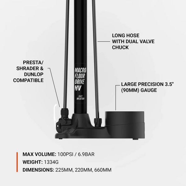 Насос Lezyne MACRO HV FLOOR DRIVE DV Манометр 3,5" Чорний матовий 4710582 553318 фото